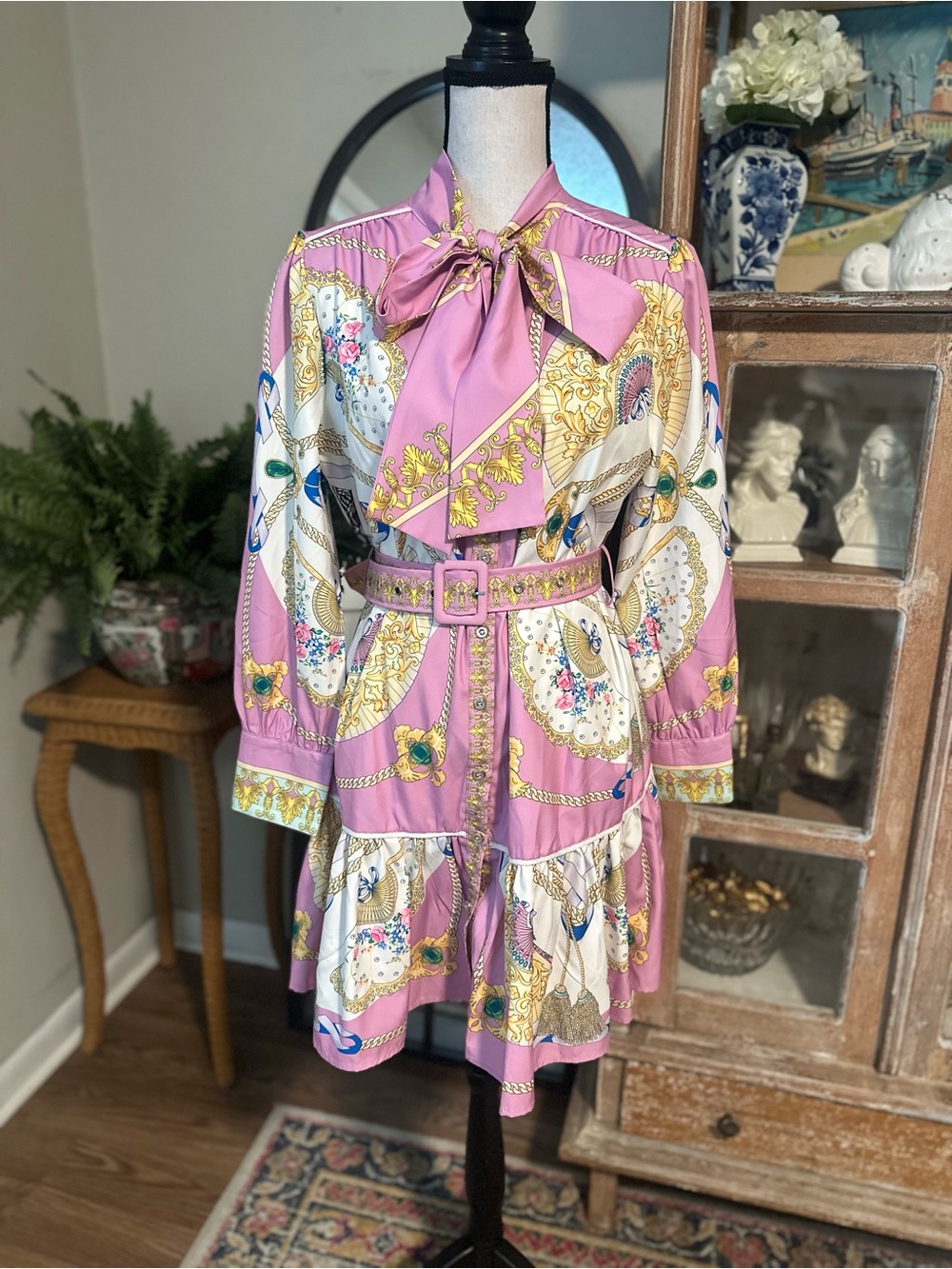 Tie-Neck Pink Printed Long-Sleeve Belted Dress
